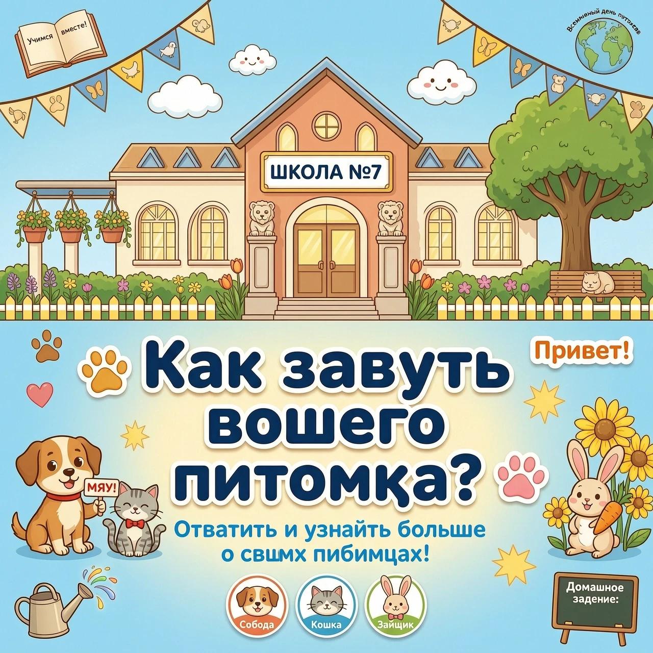 Тематическая картинка : на заднем плане школа .На переднем плане Надпись : как зовут вашего питомца ? — работа пользователя Непревзойденная Дриада