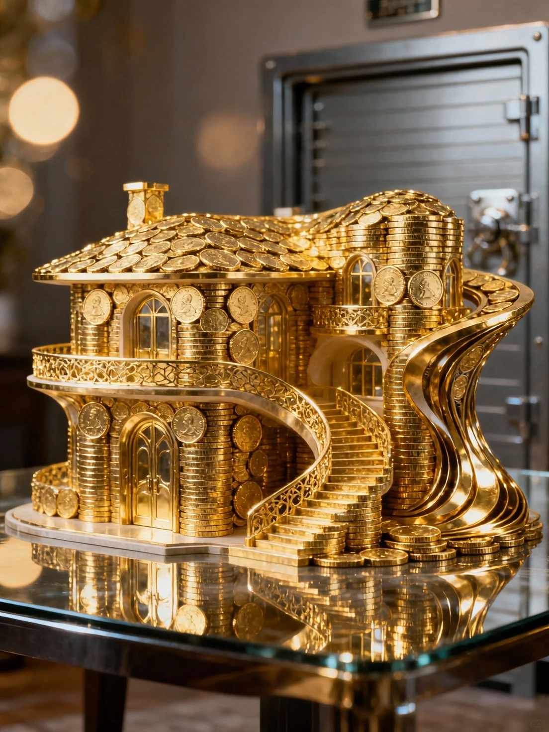 Amazing masterpiece. A mansion made of coins. Gold coins, standing on their edges and stacked in columns, are arranged in futuristic patterns, forming arches, a staircase, a…