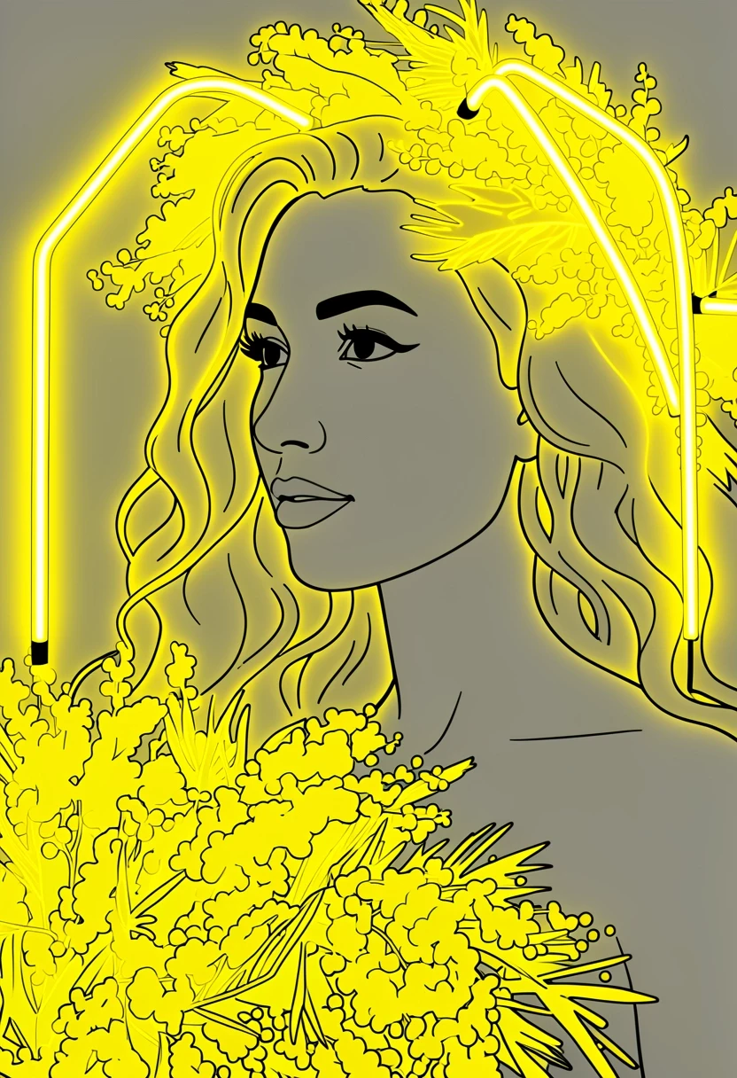 Thick continuous flexible LED neon light tubes attached on top of the flowers. Long smooth geometric neon wire paths, bold outlines, minimal small dots, simplified design for…