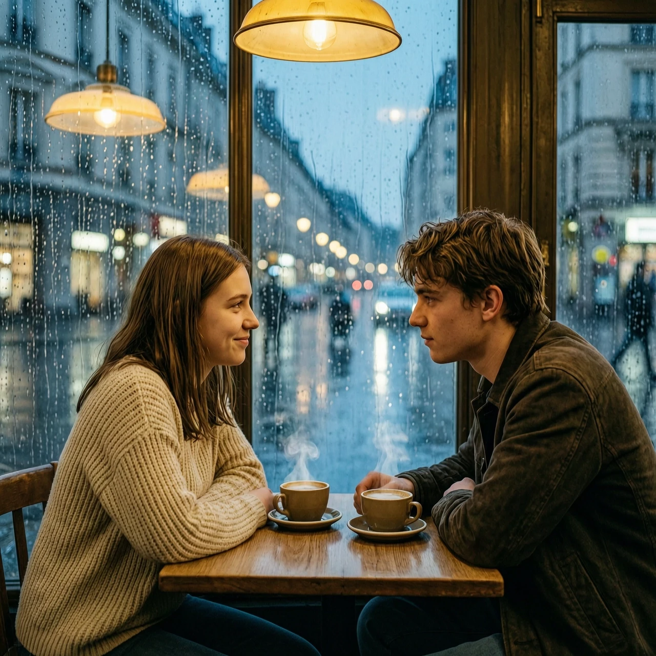 Cinematic romantic drama shot on 35mm film, a chance encounter between a 19-year-old young man and a 19-year-old young woman in a cozy, dimly lit European cafe during a heavy…