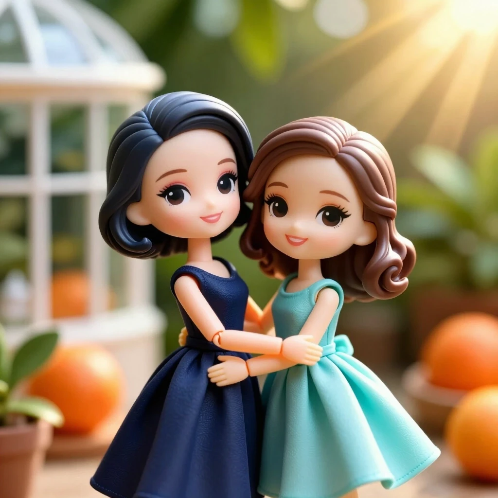 Профессиональное реалистичное макро-фото в стиле tilt-shift, глубокое размытие фона боке. Две высококлассные роскошные коллекционные виниловые куклы в стиле Smart Doll с…
