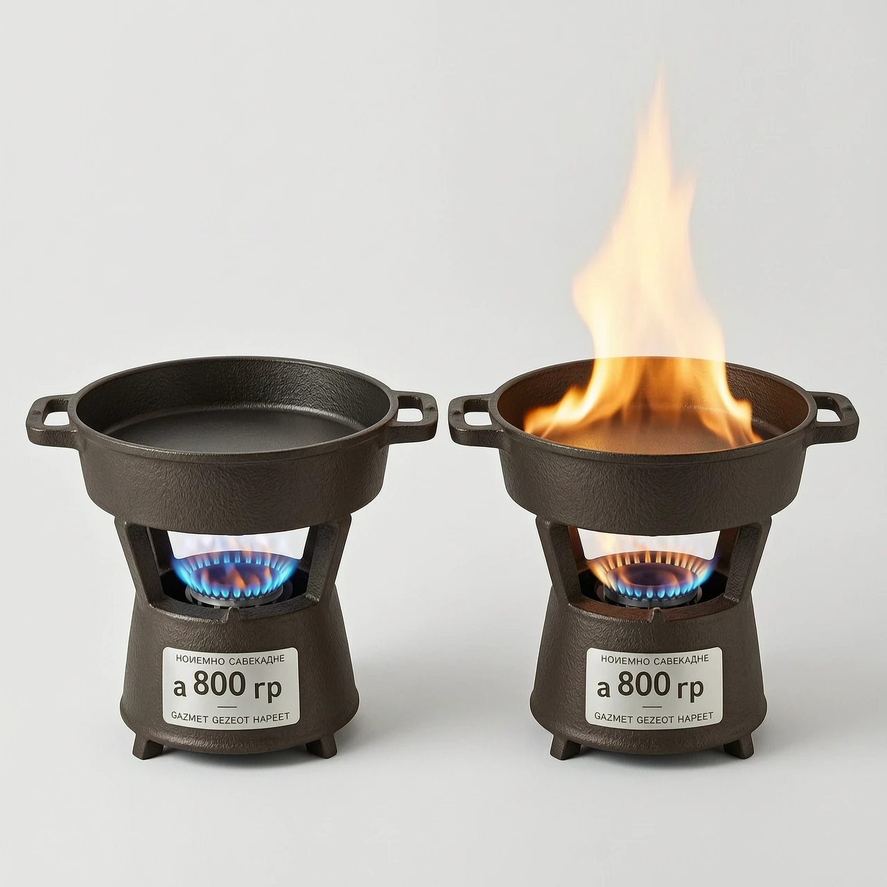two identical cast iron colored vessels with flat bottoms on a white background, the first is heated from below by a gas burner, the second has no gas and is heated to 800…