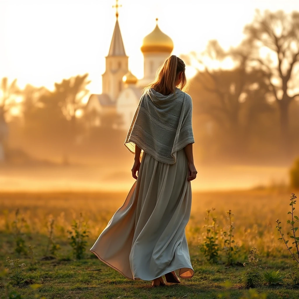 A beautiful woman walking toward a majestic Orthodox church, her figure softly illuminated by warm golden light. She wears a beautiful long floor-length dress made of…