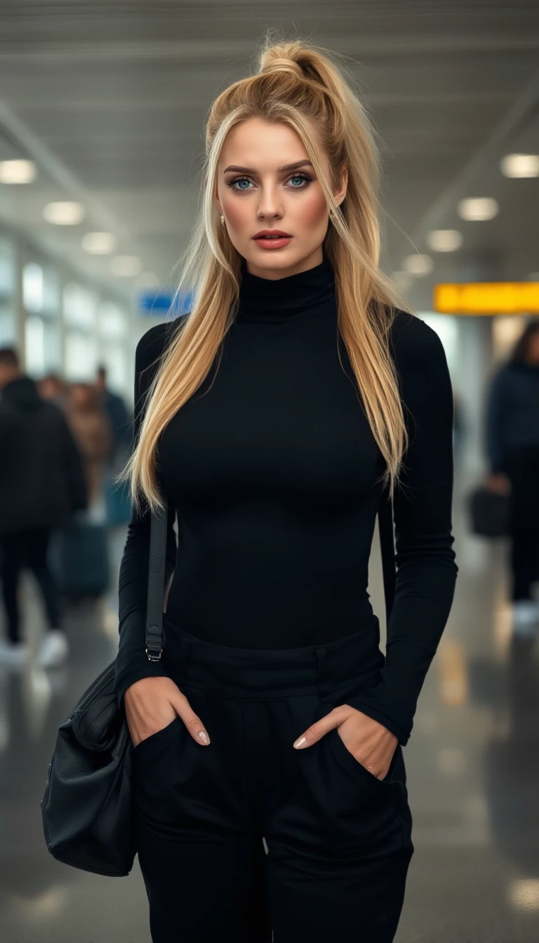 oil painting portrait of a beautiful blonde girl in a black turtleneck and black trousers, standing in black sneakers at the airport with a black track bag, hair pulled back in…