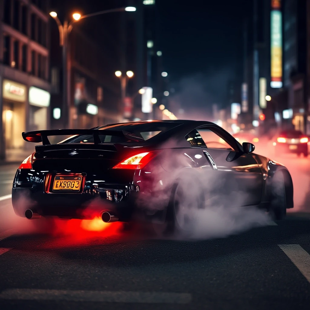 Nissan 350z делает бернаут на главной улице в ночном городе, тормоза раскалились, вид сзади, из колес идет дым — работа пользователя Быстрая Симметрия