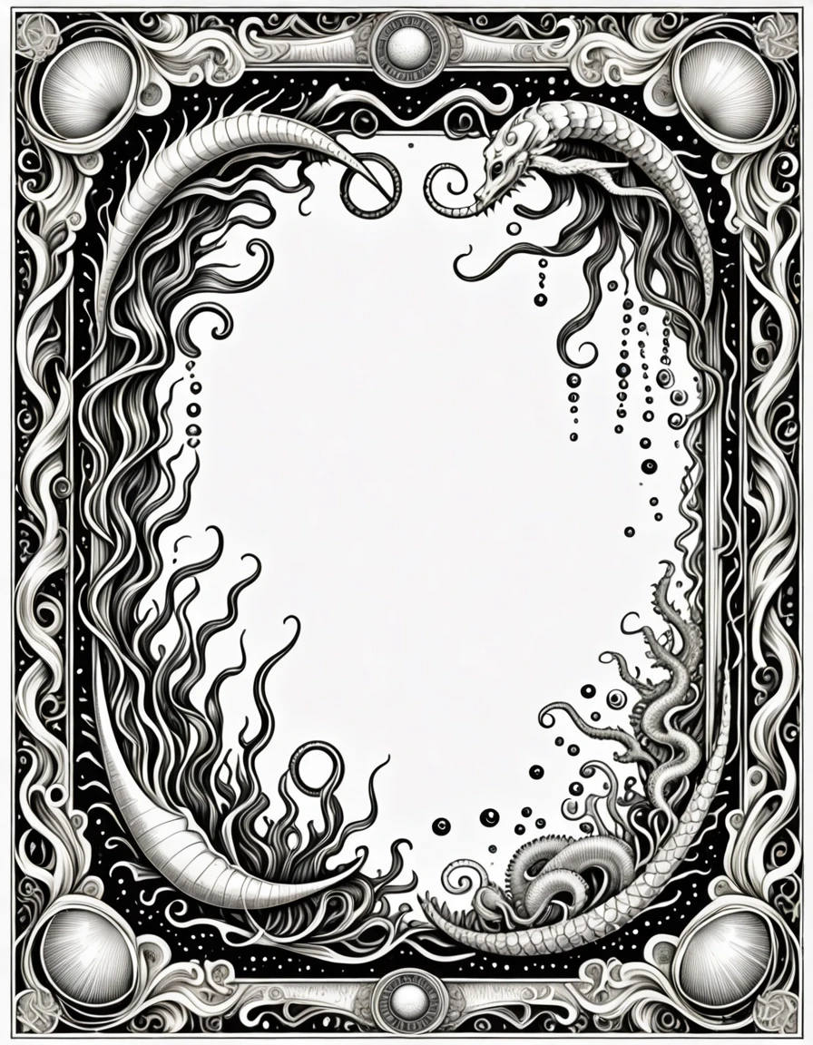 An elegant decorative frame for a fantasy book dictionary of an ancient underwater civilization. Pure white background. Fine black ink engraving, vintage scientific-book…