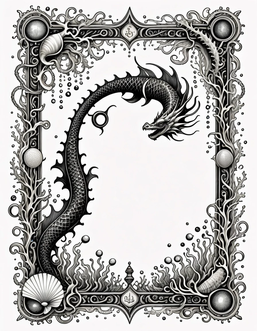 An elegant decorative frame for a fantasy book dictionary of an ancient underwater civilization. Pure white background. Fine black ink engraving, vintage scientific-book…
