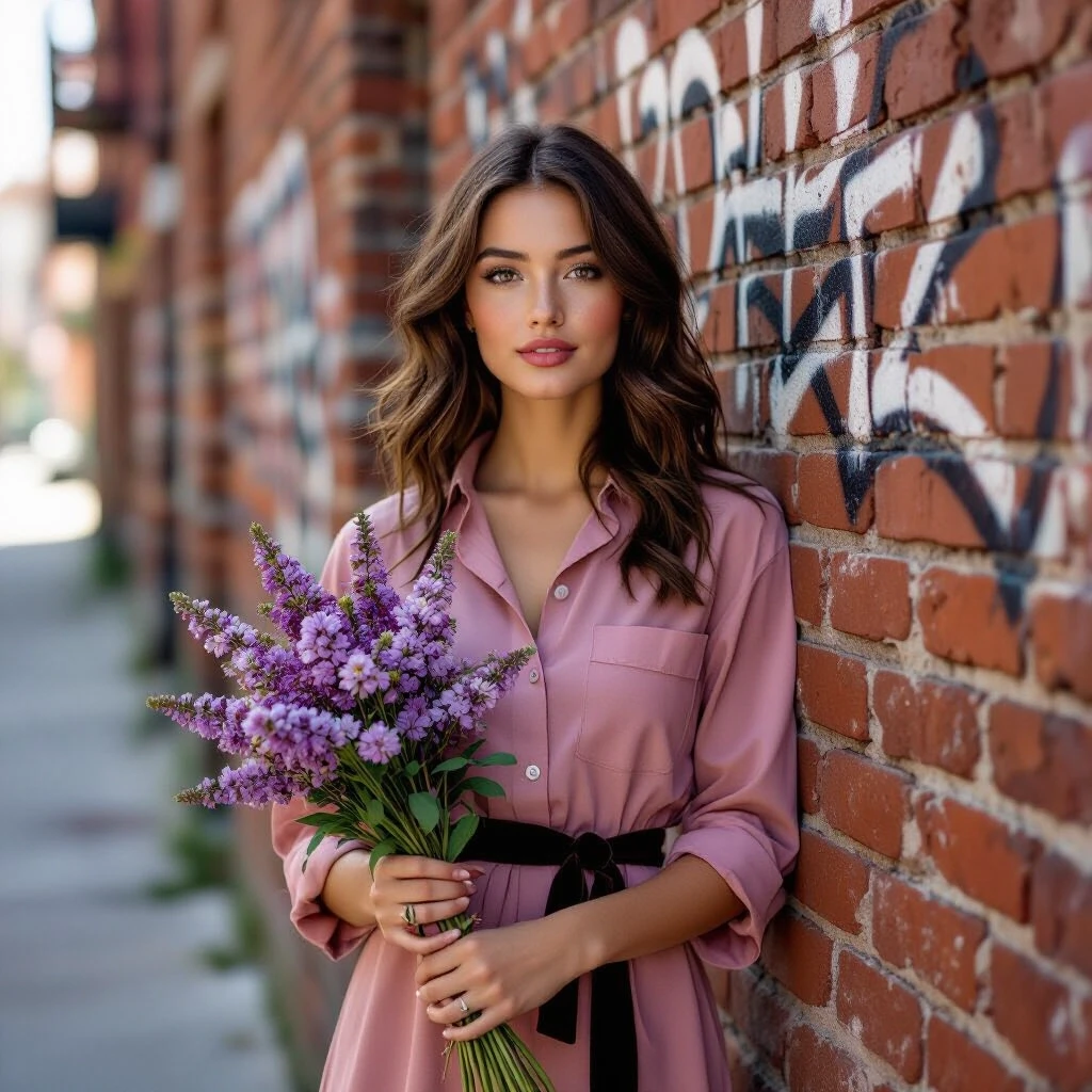 A young woman with wavy dark brown hair and freckles stands against an old brick wall on a narrow city alley. She wears a dusty pink shirtdress with an asymmetrical hem and a…