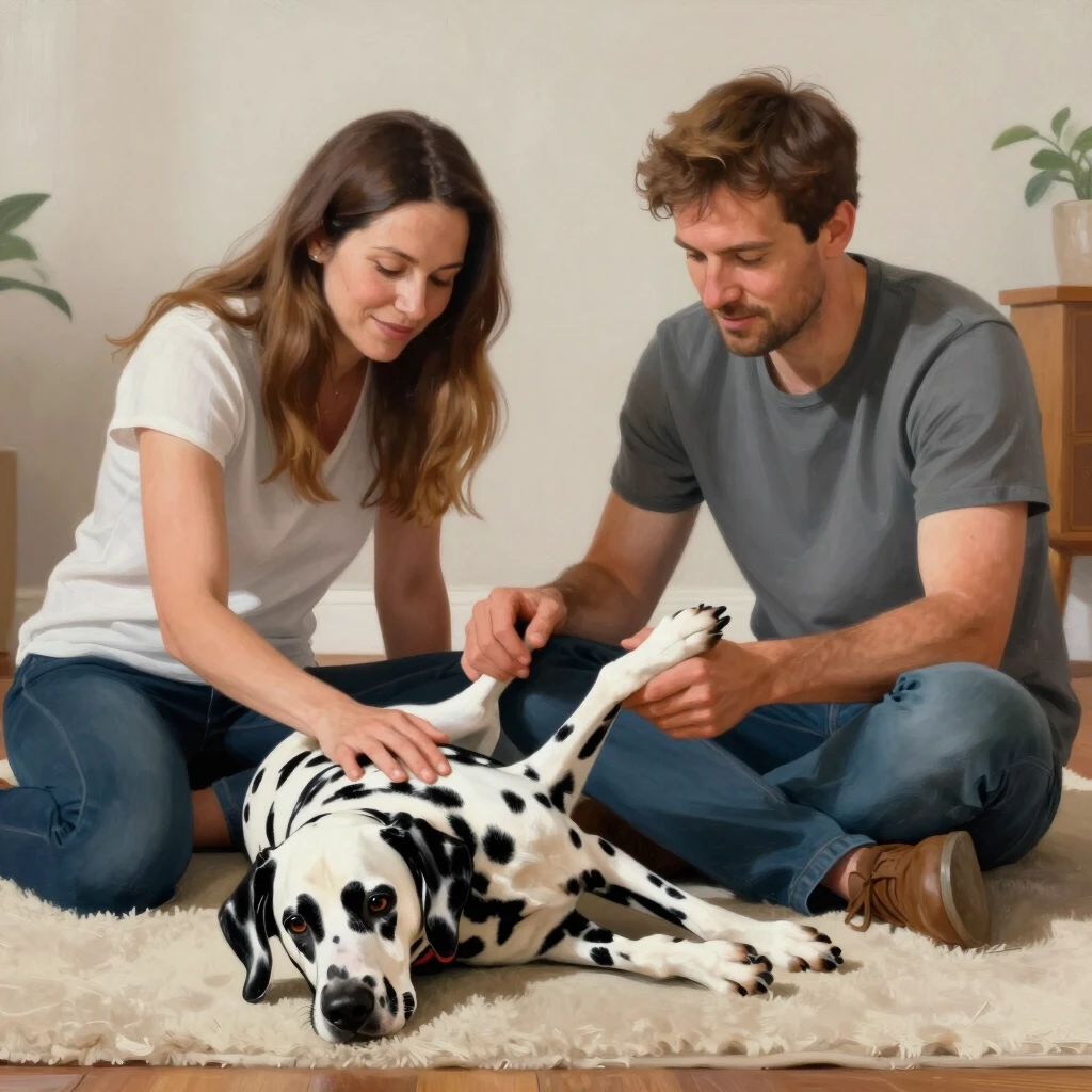 Realistic painting of a family couple saying goodbye to a Dalmatian dog. The woman and man are sitting on the floor. One old dog lies on a rug. The woman is petting the dog, the…