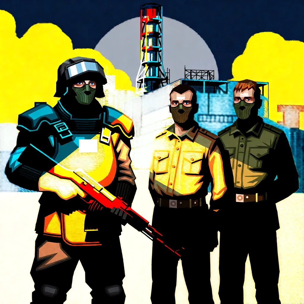 Create three characters from the game Stalker with these patches: Hawk in armor, armed, with faces covered by masks, and next to them, their personnel standing next to each…