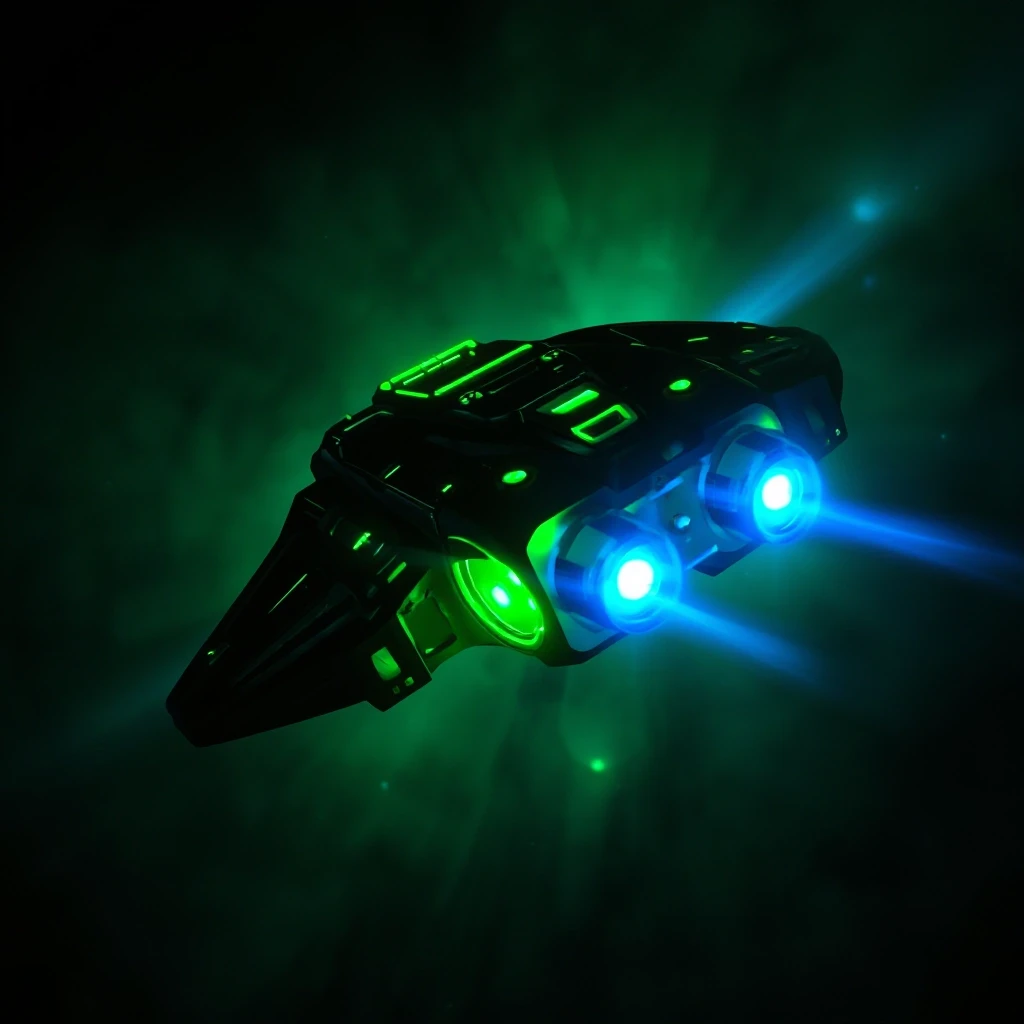 Power metal album cover. A futuristic spaceship with glowing green elements and blue ion engines flies through a vibrant cosmic nebula. The deep black of space contrasts sharply…