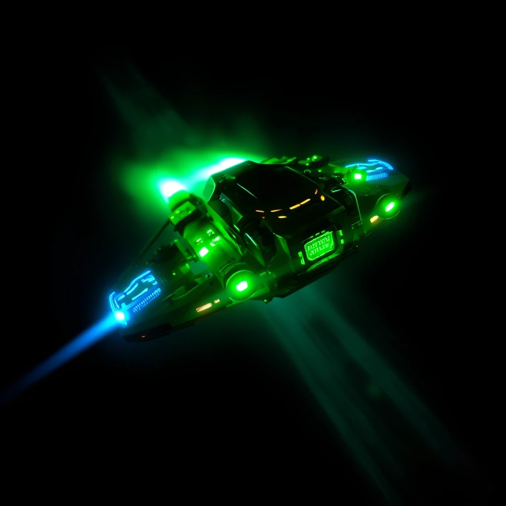 Power metal album cover. A futuristic spaceship with glowing green elements and blue ion engines flies through a vibrant cosmic nebula. The deep black of space contrasts sharply…
