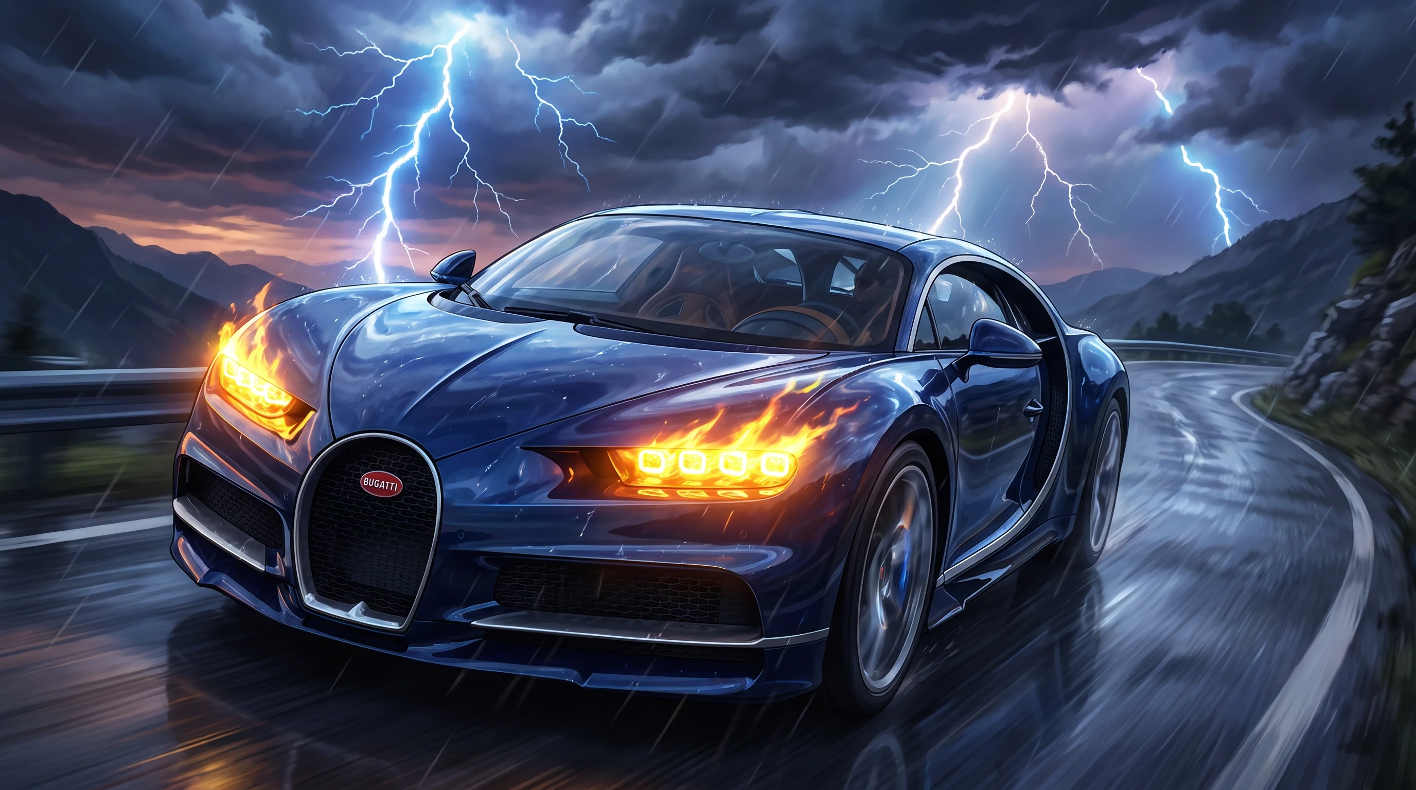 Bugatti Chiron, едет по дороге, эпичный ракурс, горящие фары, на фоне молнии, шедевр, крупный план, стиль аниме с реалистичными деталями — работа пользователя Весенний Герой