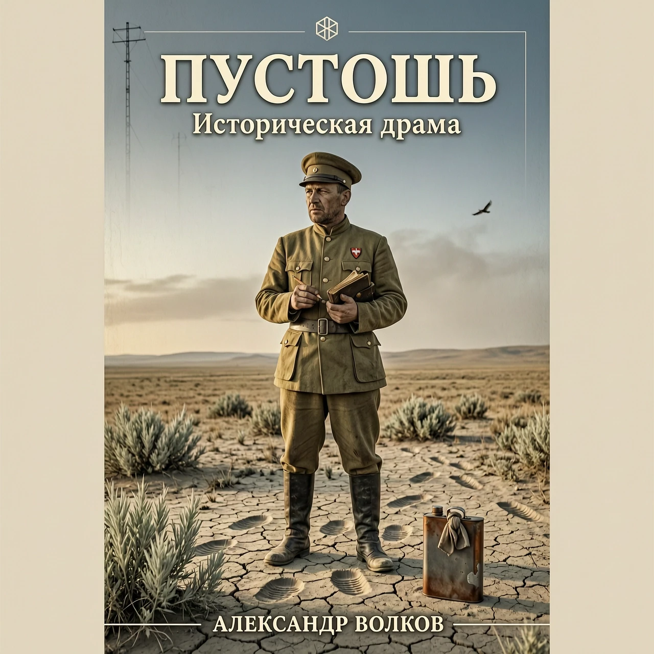 Фотореалистичная обложка книги в стиле исторической драмы. В центре — мужчина средних лет в форме колчаковского отряда начала XX века, в шляпе, с блокнотом и карандашом в руке;…