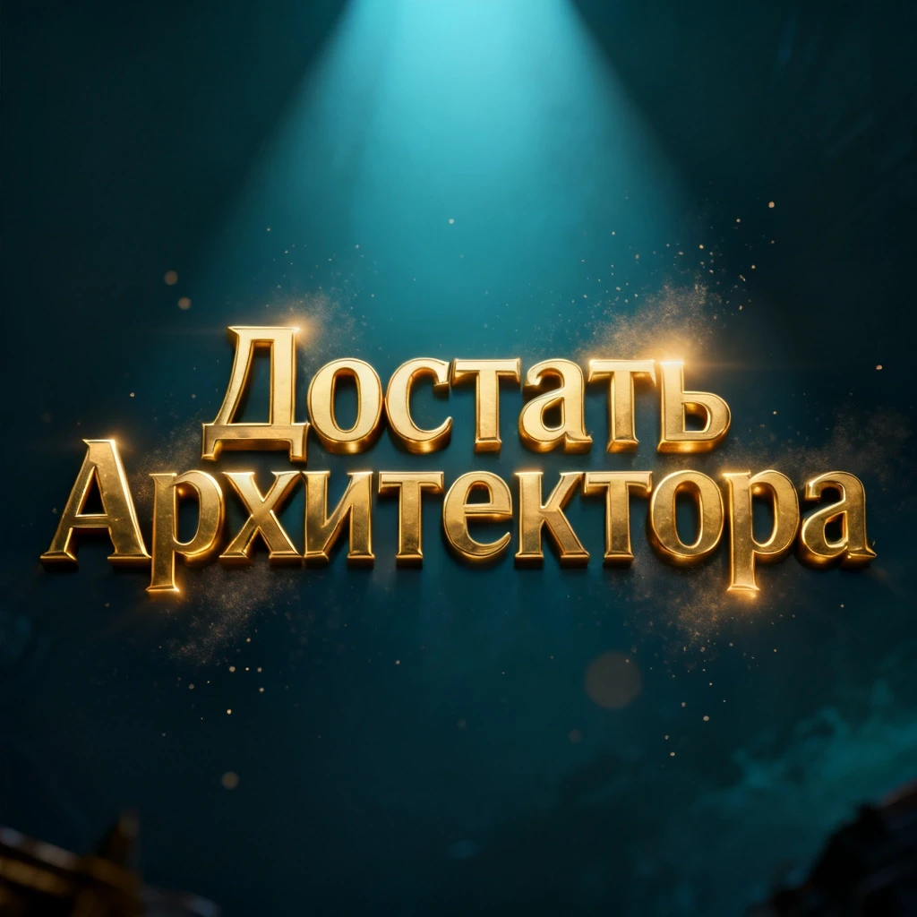 Cinematic glowing golden title text in Russian: "Достать Архитектора", luxury metallic gold letters, soft golden glow and light bloom around the text, volumetric 3D…