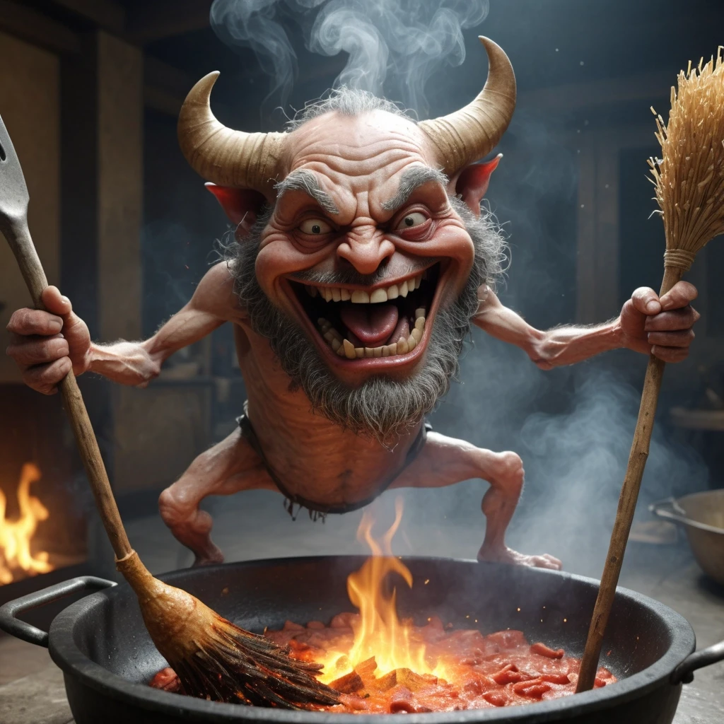 In the style of Jean Baptiste Monge, caricature grotesque humor, devils frying a sinner on a giant frying pan in hell, and the sinner is happily steaming himself with a birch…