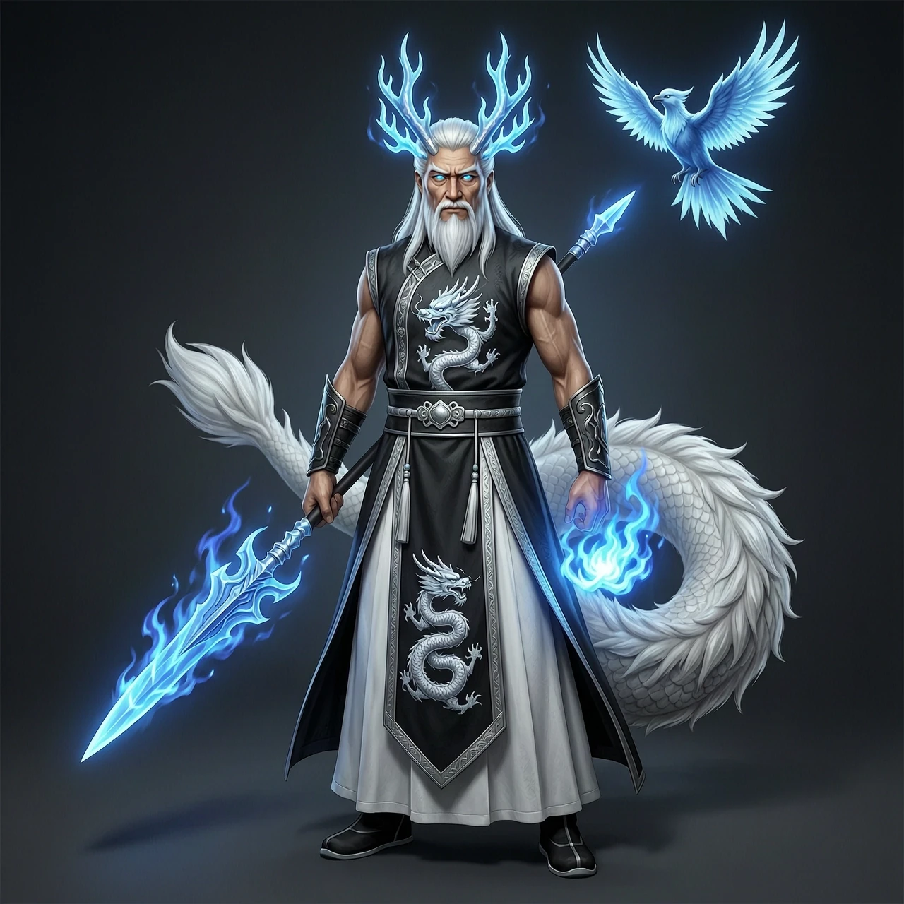 Dark fantasy photorealistic digital painting, concept art, cinematic lighting, hyper-detailed, 8k resolution, Unreal Engine 5. A majestic mature male character, ancient human…