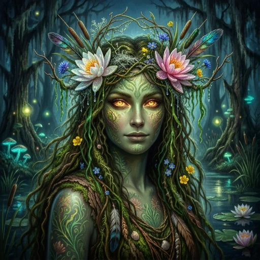 Create a high-resolution 16K HDR image that shows a close-up portrait of the Bog Lady, a magical guardian of the swamps. She is slender and graceful, with a combination of human…