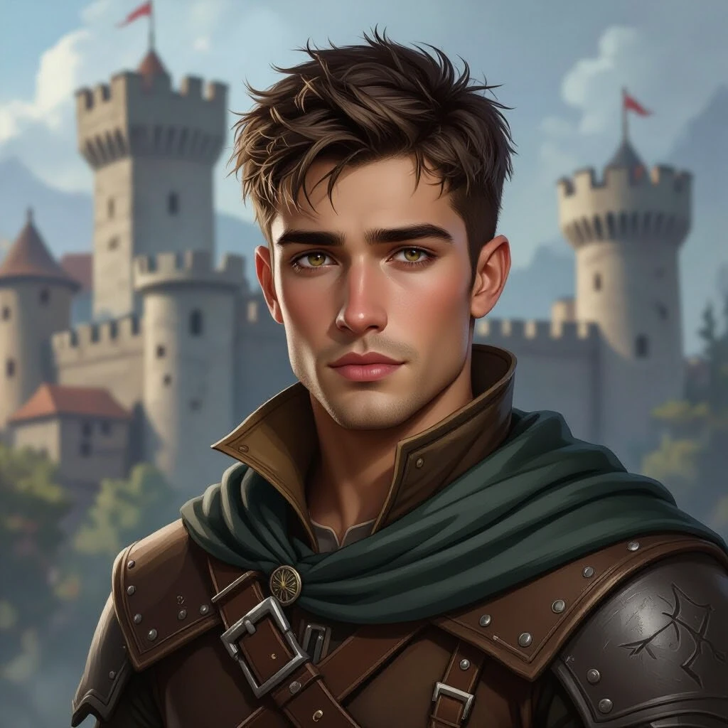 Fantasy illustration: a handsome young man with short hair and sad eyes, dressed as a mercenary, set against the backdrop of a medieval fortress. — работа пользователя Пряный…