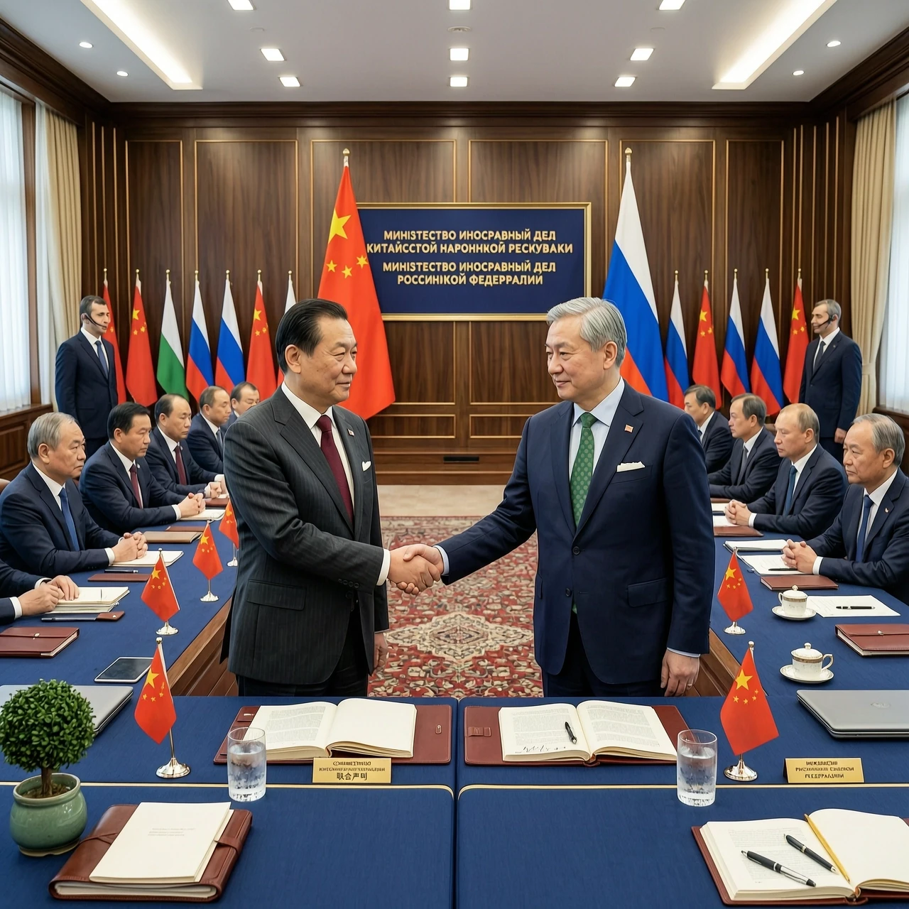 Президенты пожимают руки в большом зале для переговоров, на стенах государственные флаги Китая и России, делегации в строгих костюмах сидят за длинным столом, на столе документы…