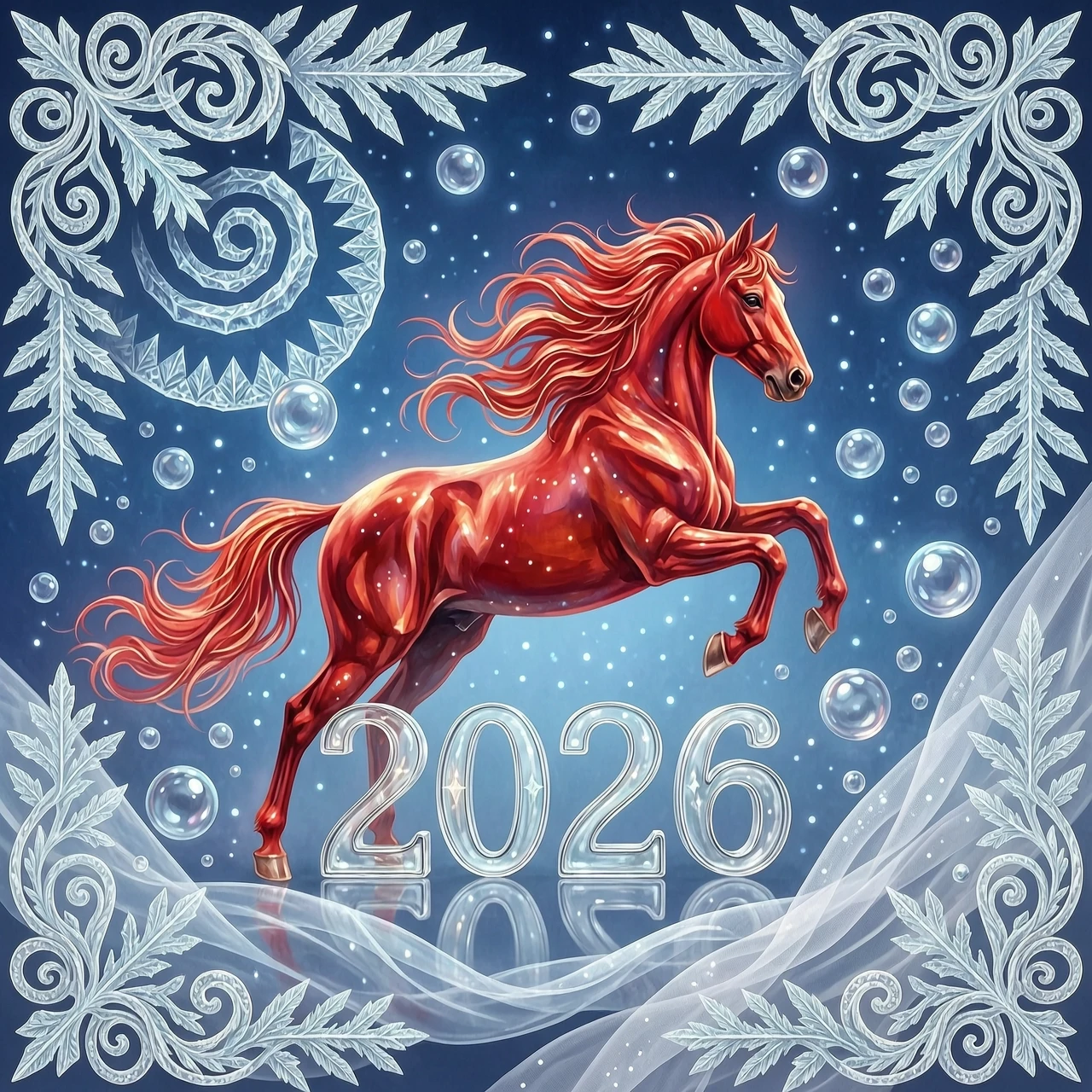In the double exposure style. An ephemeral mythical creature in the form of a beautiful scarlet fiery horse with a long wavy mane collects the word "2026" from glass…