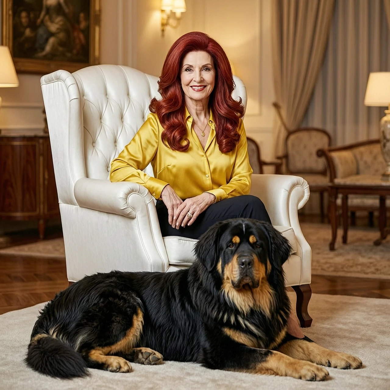 A magnificent square 1:1 format portrait of a stunningly beautiful, highly elegant and groomed 50-year-old woman with vibrant long red hair arranged in luxurious voluminous…