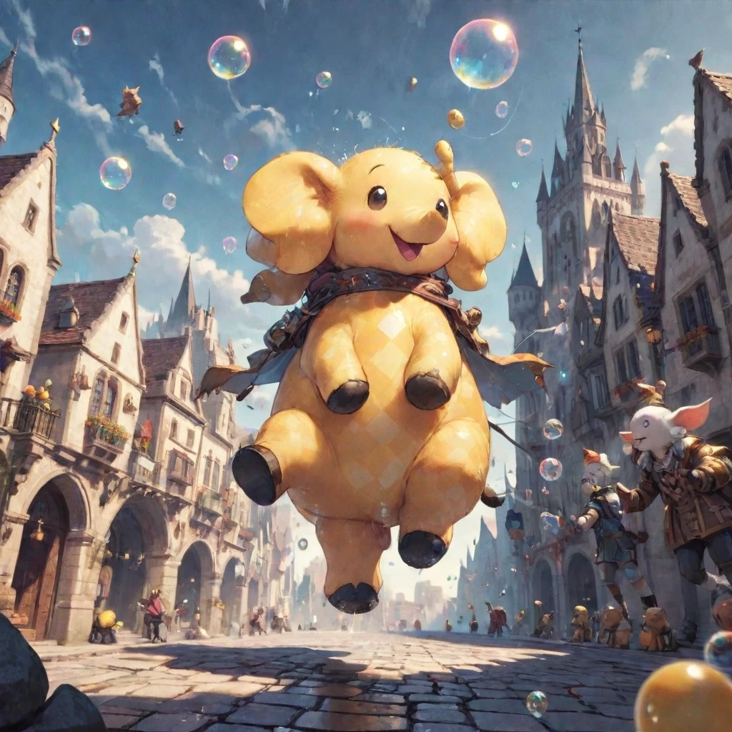 A huge yellow checkered elephant with leather wings is joyfully jumping on the stone pavement in black boots, surrounded by floppy-eared creatures in pointed hats blowing soap…