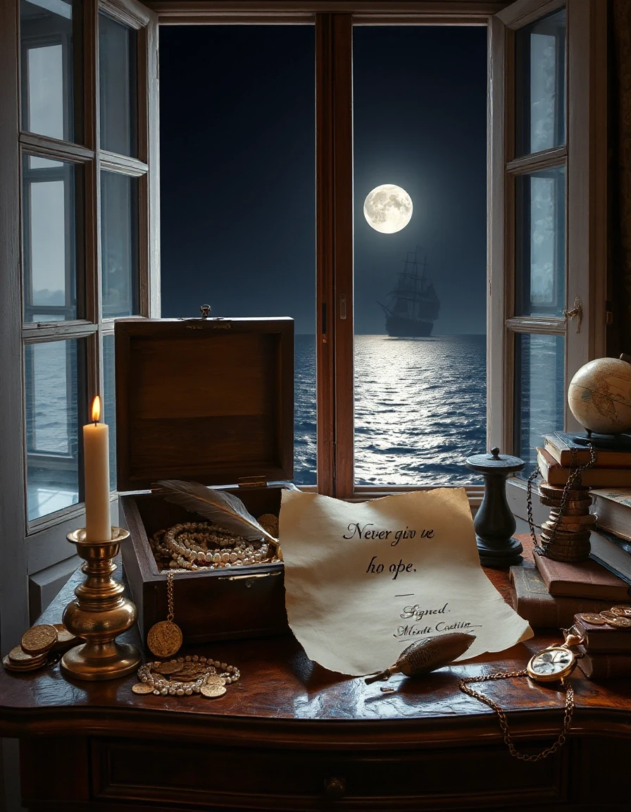 The window is open, and behind it is the night sea with the reflection of the moon, and in the distance the silhouette of a frigate. In front of the window is an antique 18th…