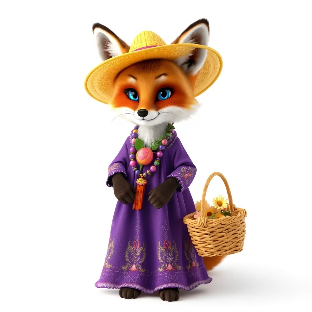 3D rendering of a boho anthropomorphic fox with blue eyes. She is wearing a yellow Panama hat, a purple long dress with embroidery, and large bright beads. The cute fox is…