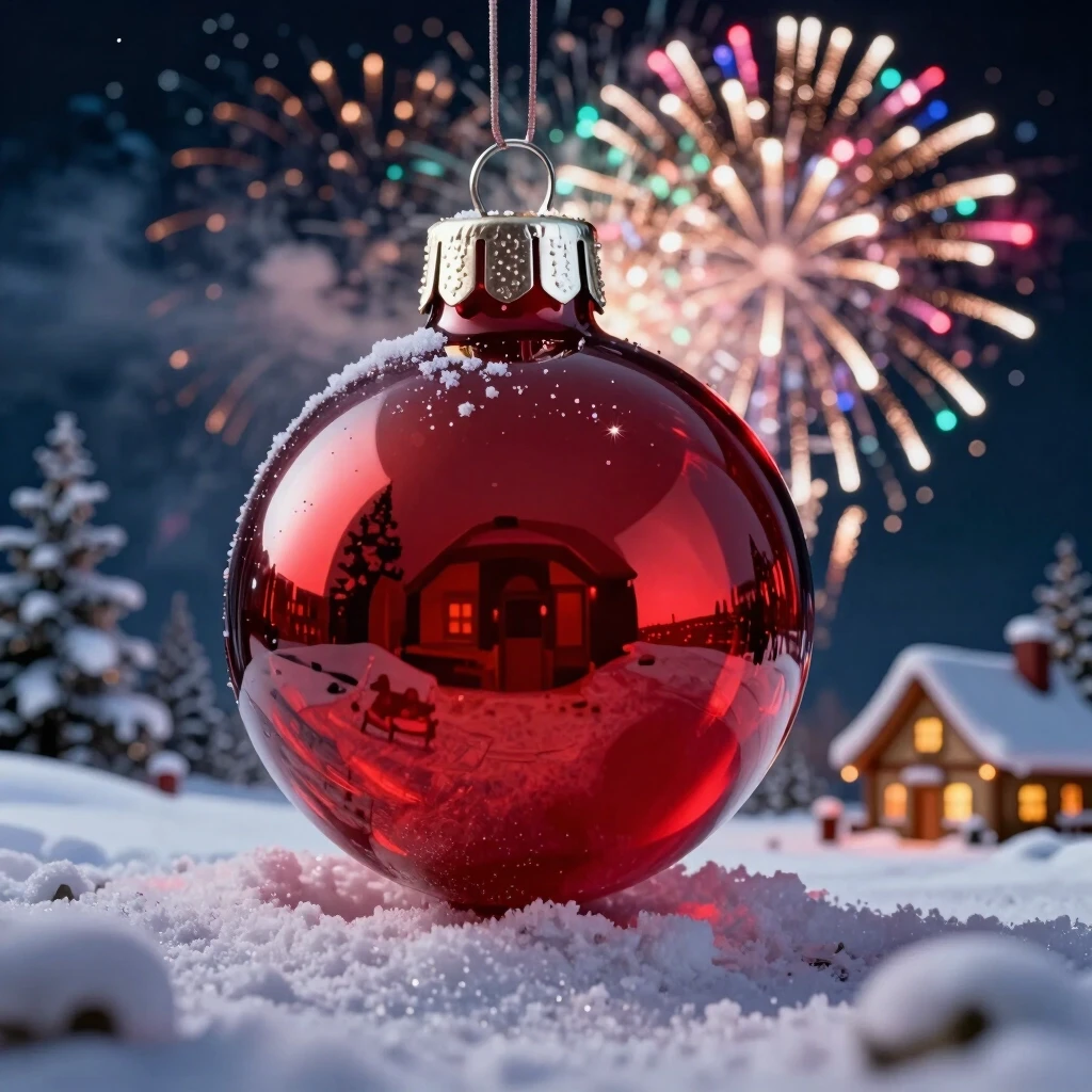 A hyperrealistic digital double exposure artwork for New Year's. Three distinct images are seamlessly blended: the detailed, reflective surface of a red glass bauble, a…
