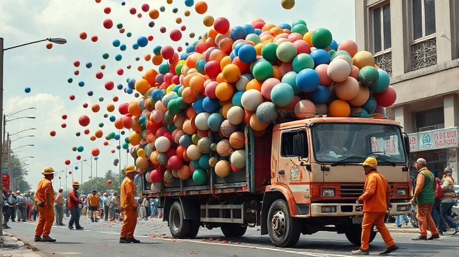 Рабочие стоят на улице и на них падает грузовик с шариками разного цвета, ситуация очень нелепая — работа пользователя Эффектный Бриз