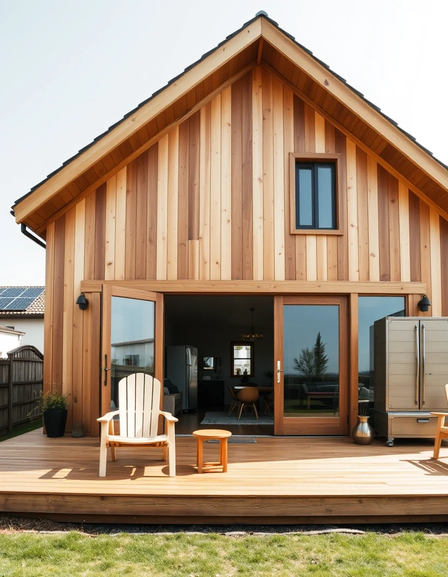 Vertical low angle shot, barnhouse style banya house, natural wood exterior, large glass doors, outdoor chairs on the deck, solar panel system, neat backyard, daylight. — работа…
