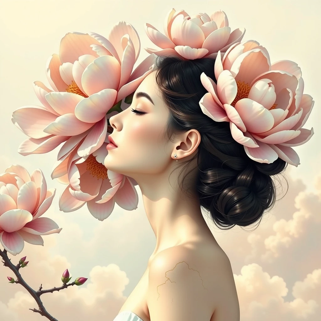 An elegant woman in profile view, head tilted upward, serene expression, closed eyes, delicate features, her hair transforming into large blooming peonies and magnolias, soft…