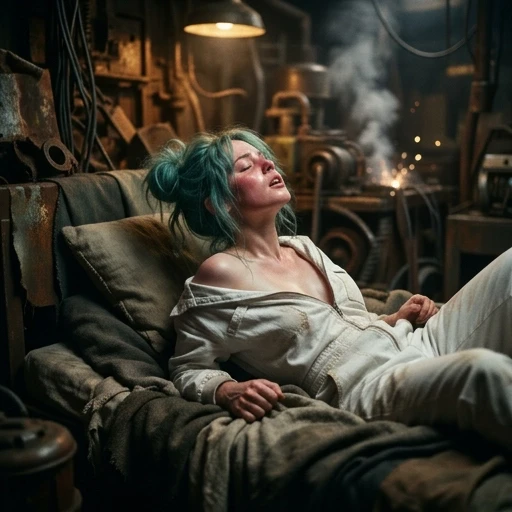 Masterpiece, ultra-detailed, Goal from Deponia, messy turquoise bun, pale skin, white Elysian jumpsuit sliding off shoulders, unzipped and disheveled, lying on back, arched…