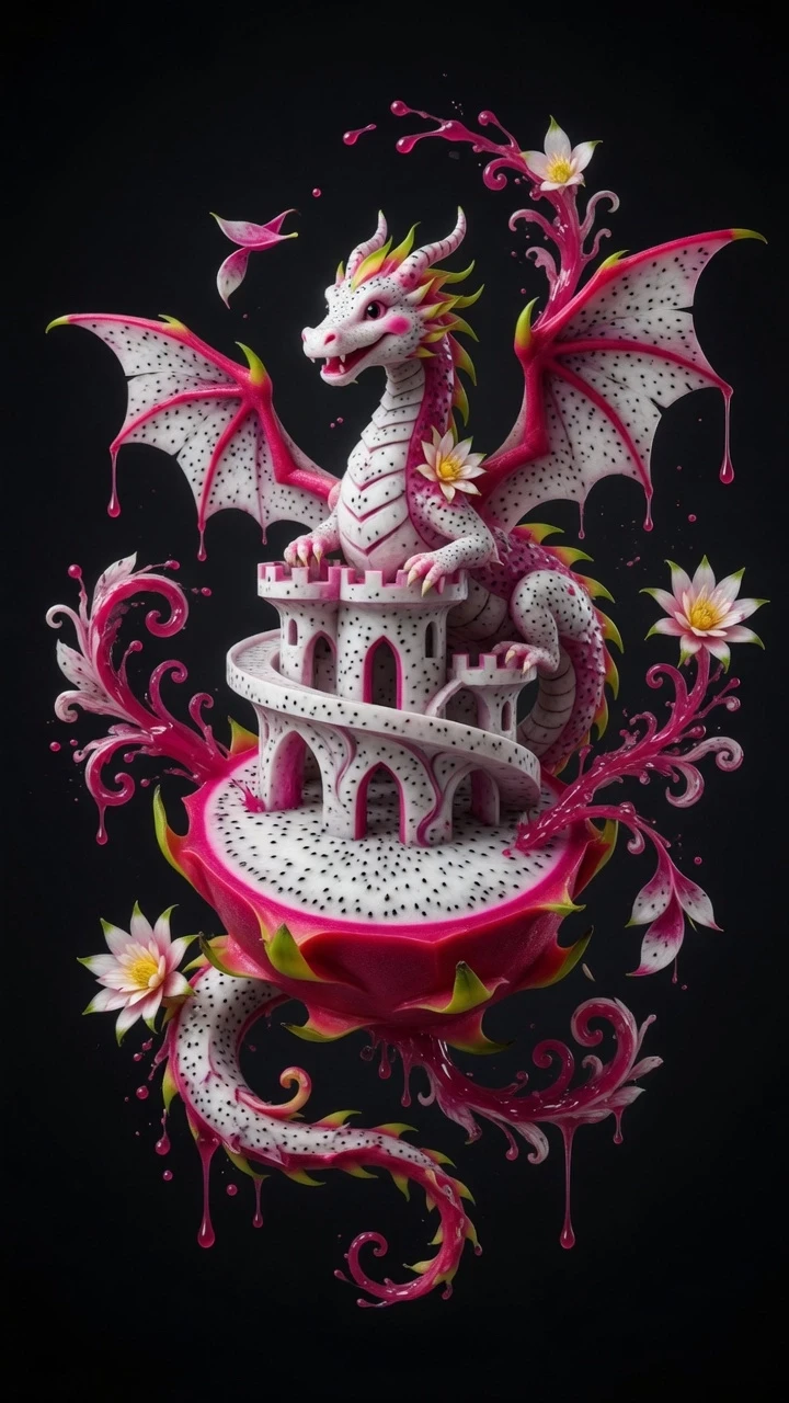Fruit carving, carving. From the half of the dragon fruit floating in the air grows a castle carved from a dragon fruit, white, with black seeds, like the pulp of a fruit.. The…