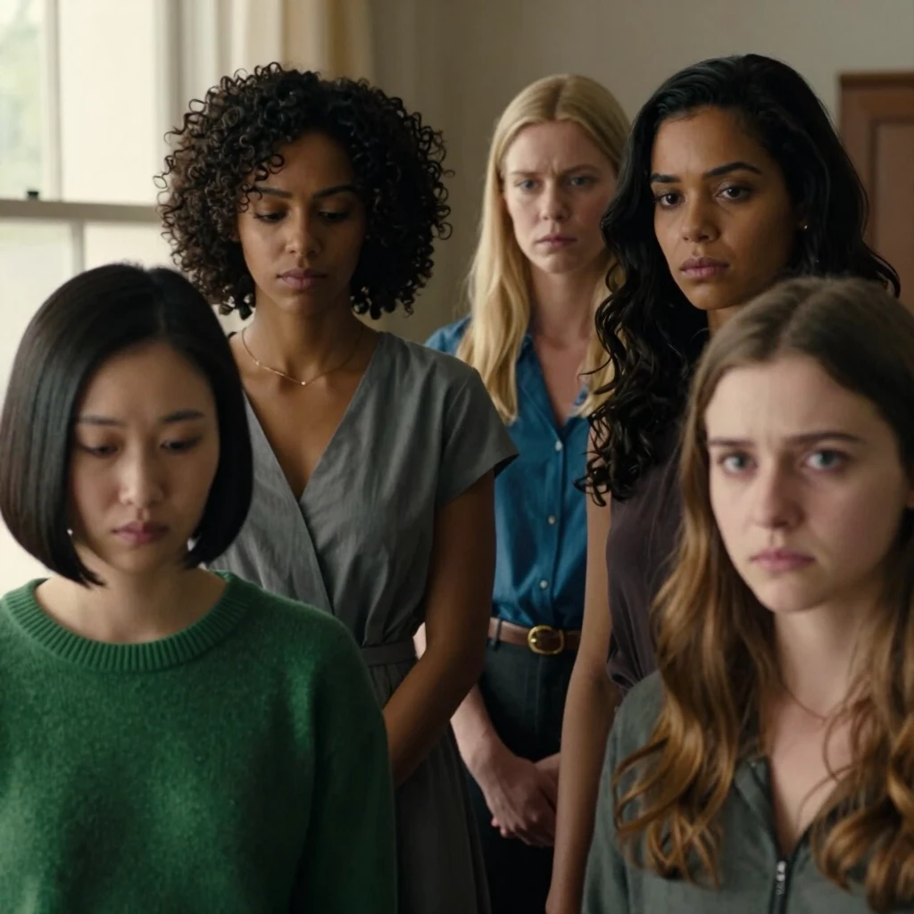 Cinematic shot from a drama film, film photography. A group of five completely different women aged 20 to 35 stand together. They represent completely different nationalities…