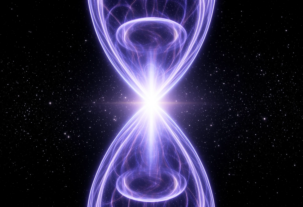 "A massive galactic quantum spiral shaped like an hourglass, consisting of two gigantic rotating energy funnels that taper and meet at the exact center. A blinding quantum…