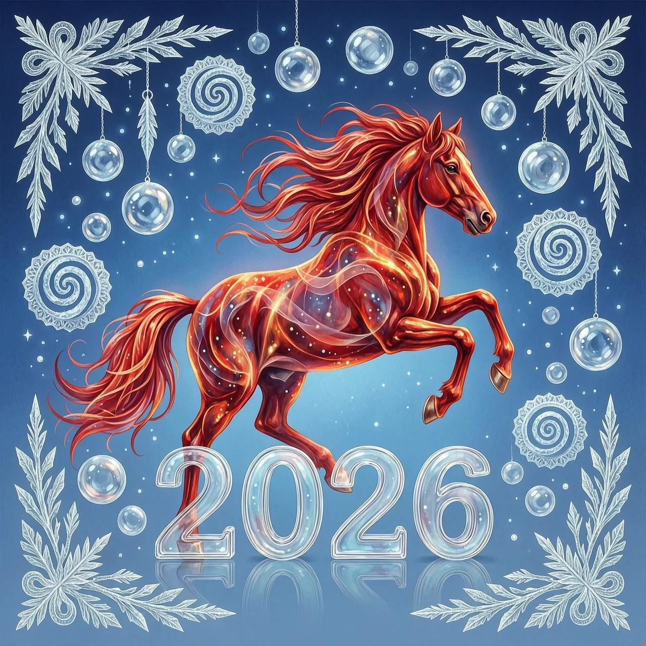 In the double exposure style. An ephemeral mythical creature in the form of a beautiful scarlet fiery horse with a long wavy mane collects the word "2026" from glass…