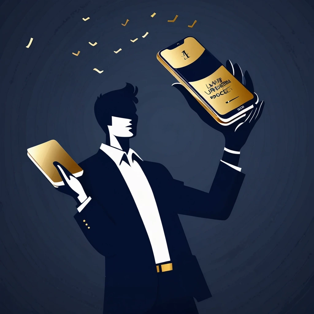 Minimalist poster, dark navy background, a smartphone in a person's hand, a law book with golden letters flying out of the phone, silhouette of a person in the background,…