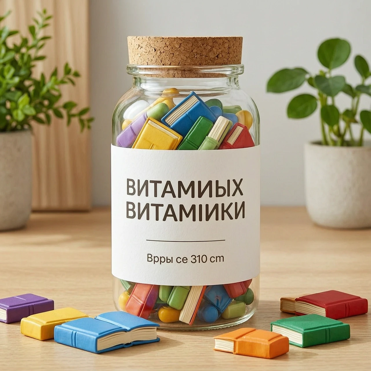 бутылек с разноцветными витаминками , на бутыльке белая этикетка. витаминки в виде книжек — работа пользователя Яркая Саламандра