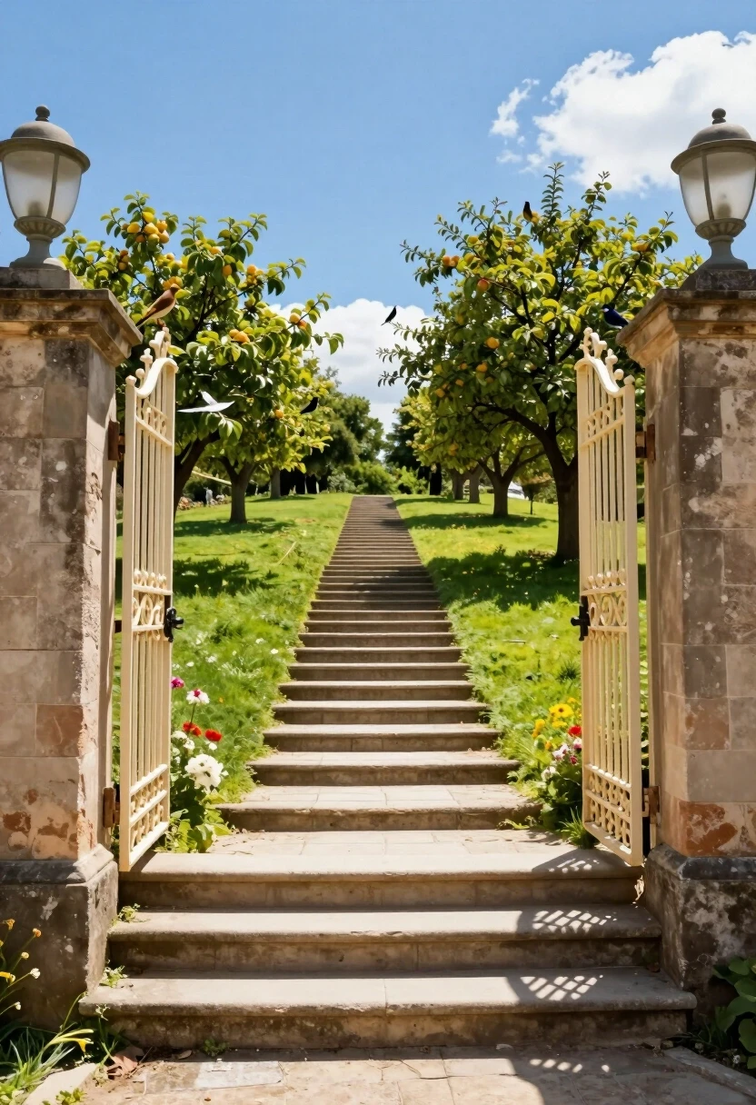The staircase goes up, into the distance, and ends at a light-colored, wrought-iron gate. Beyond the gate is a sunny meadow, a blue sky, fruit trees, birds, and flowers.…