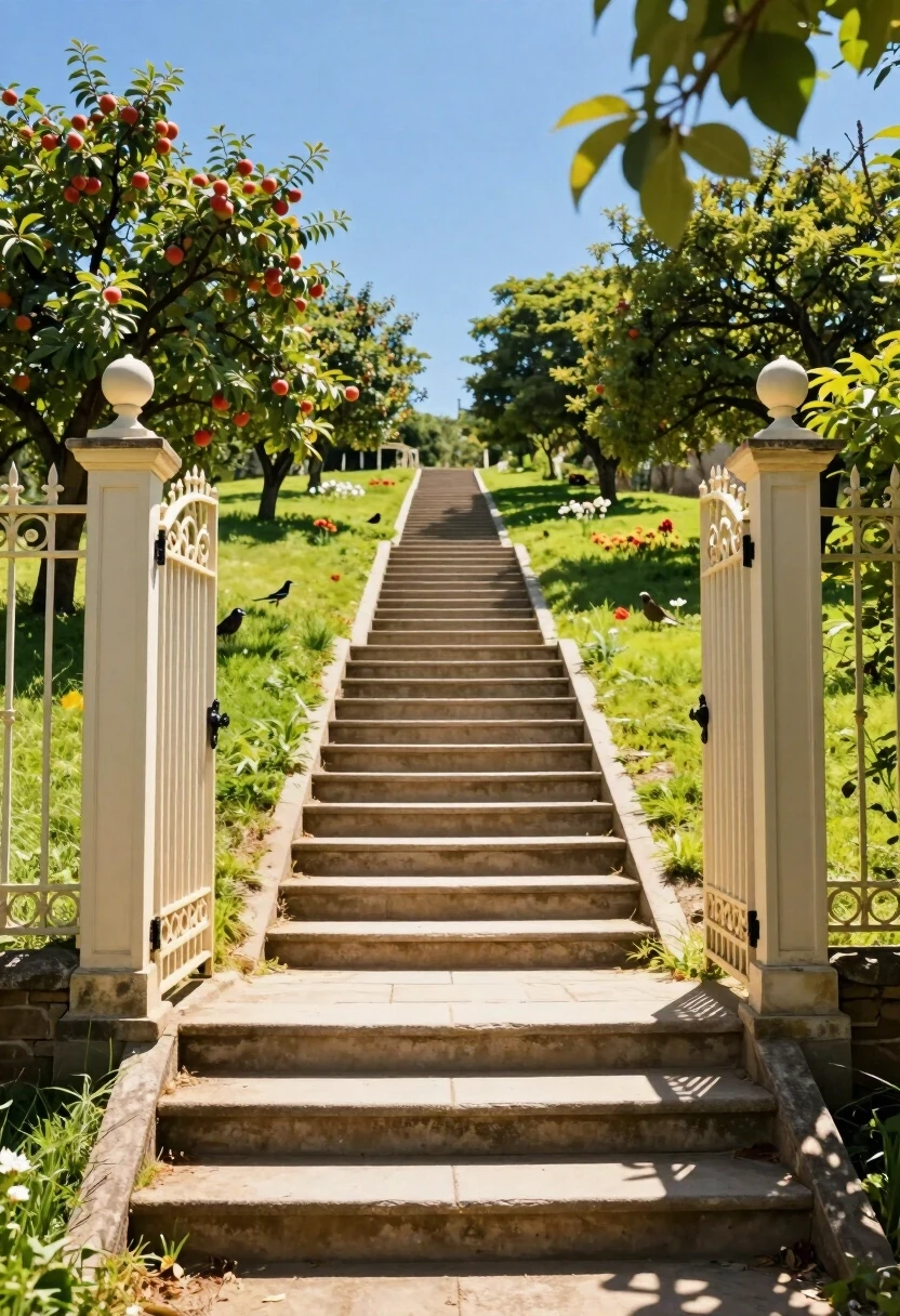 The staircase goes up, into the distance, and ends at a light-colored, wrought-iron gate. Beyond the gate is a sunny meadow, a blue sky, fruit trees, birds, and flowers.…