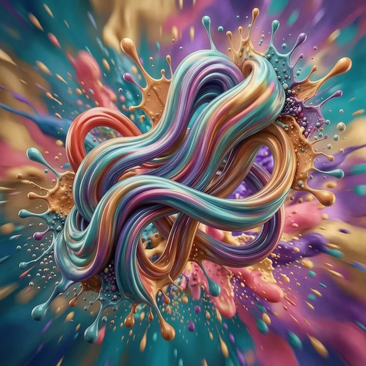 Abstract 3D background for a rhythm game application, dynamic fluid motion, intricate intertwining of vibrant neon silk ribbons and liquid chromatic waves, flowing iridescent…