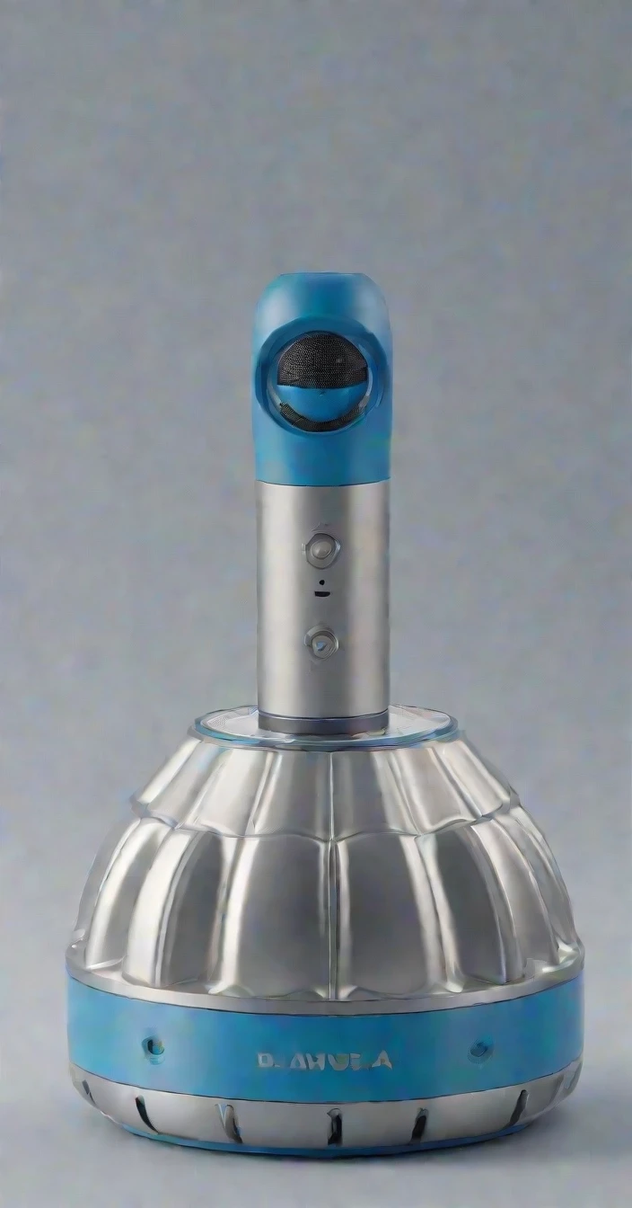 3D product visualization, a smart speaker shaped like a short wide cylinder (height 65mm, diameter 90mm), bright blue color, sitting inside a scallop shell made of TWO DISTINCT…