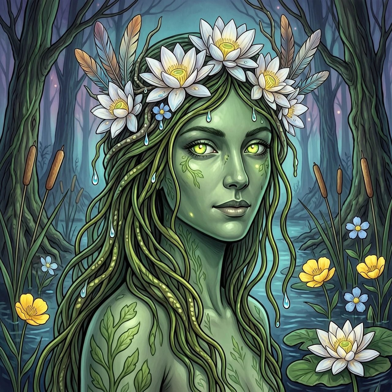 Create a high-resolution 16K HDR image that shows a close-up portrait of the Bog Lady, a magical guardian of the swamps. She is slender and graceful, with a combination of human…