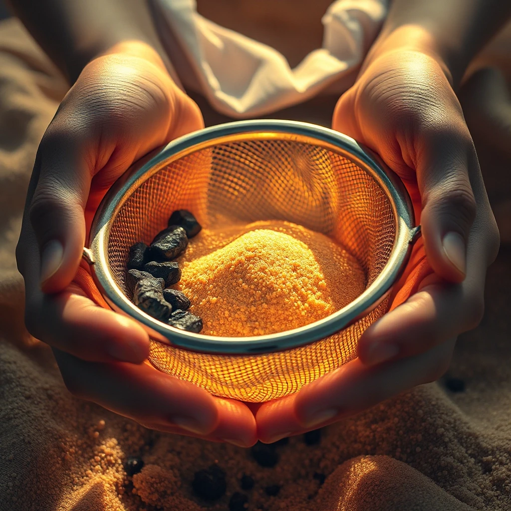 Magical glowing sieve held by hands, sifting through shimmering golden sand. Dark heavy particles — representing bad, unwanted — fall through and dissolve or sink below. Bright…