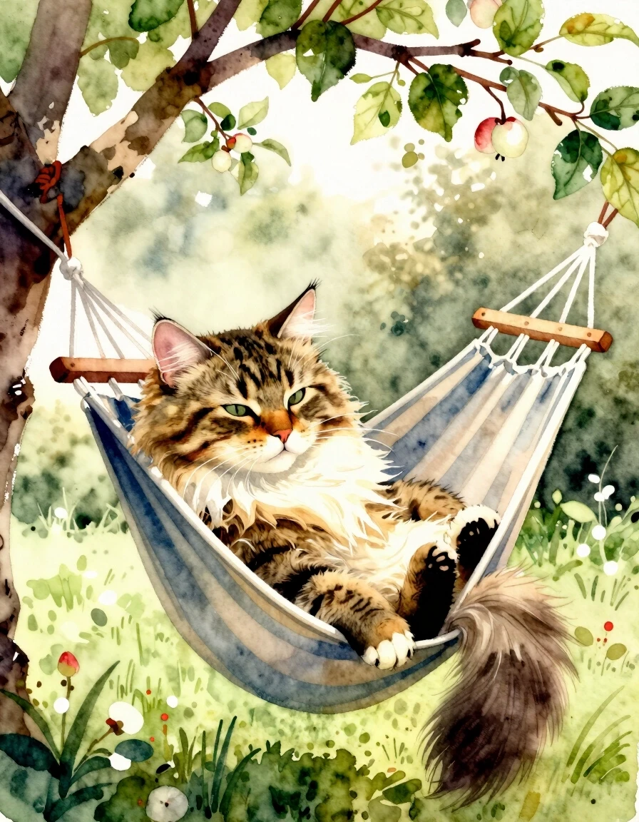 A masterpiece. Create an image. Watercolor painting style: ((Beautiful fluffy Siberian striped cat):1.6 dozing in a hammock under the apple trees in the garden):1.6, clear…