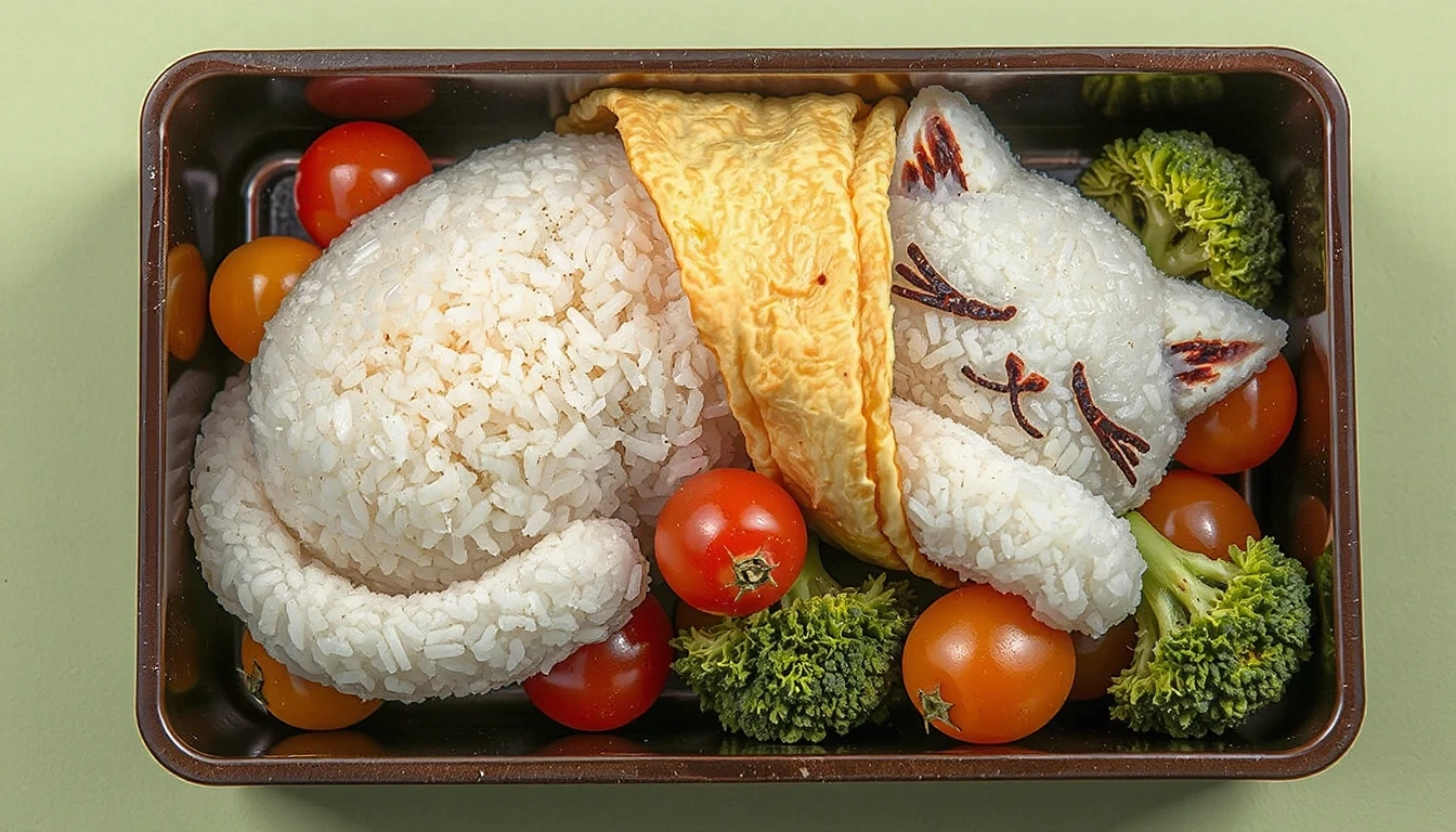 A perfectly arranged Japanese bento box featuring a sleeping cat made of fluffy white rice, with nori details for its eyes and whiskers, snuggled under a blanket made of a thin…