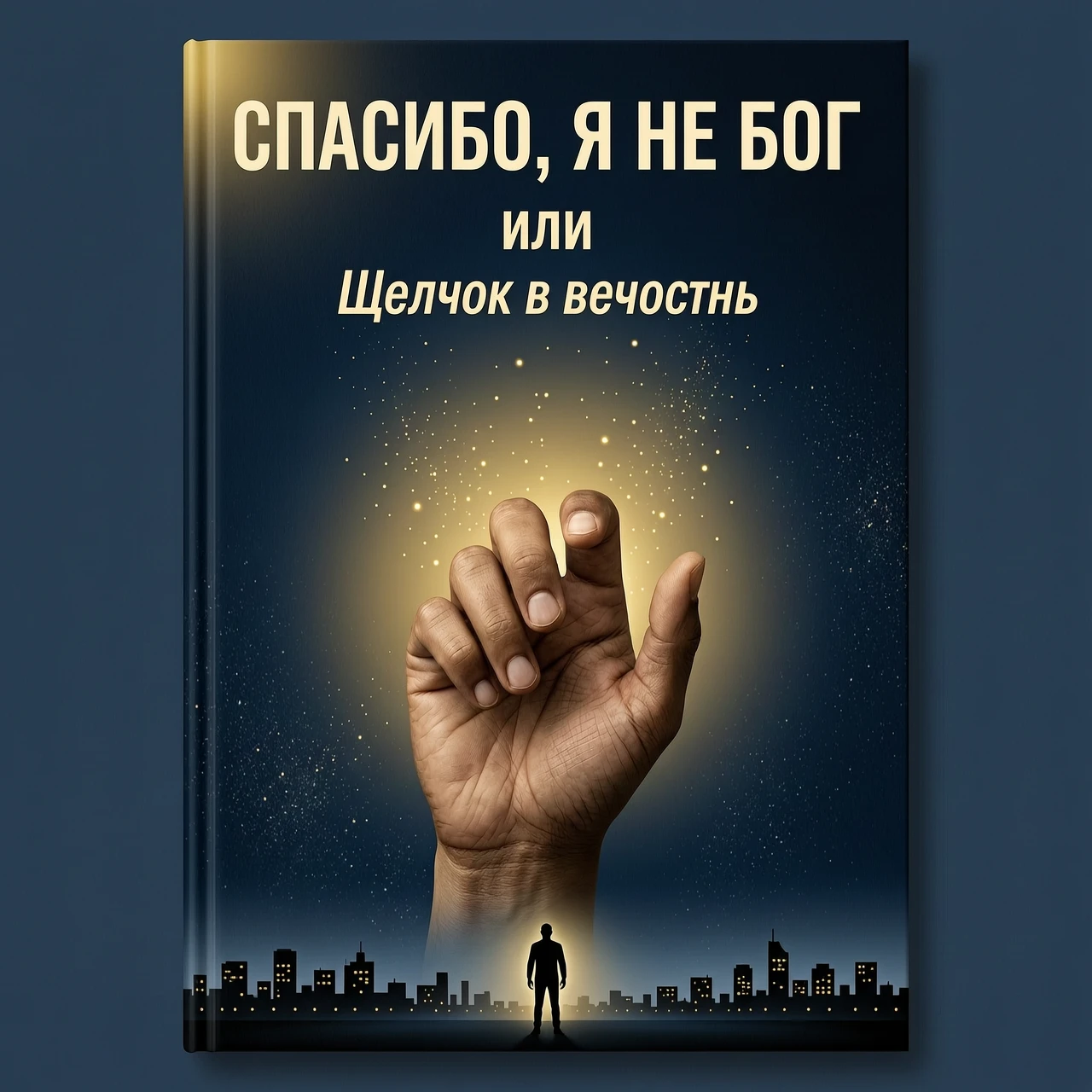 создай обложку книги на русском языке: Фон: Тёмно-синий, почти чёрный, с лёгкой текстурой, напоминающей песок или пыль. Центр: Крупным планом, вид от первого лица - ладонь…