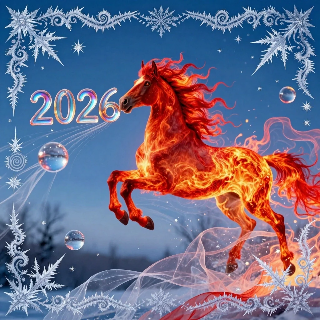 In the double exposure style. An ephemeral mythical creature in the form of a beautiful scarlet fiery horse with a long wavy mane collects the word "2026" from glass…